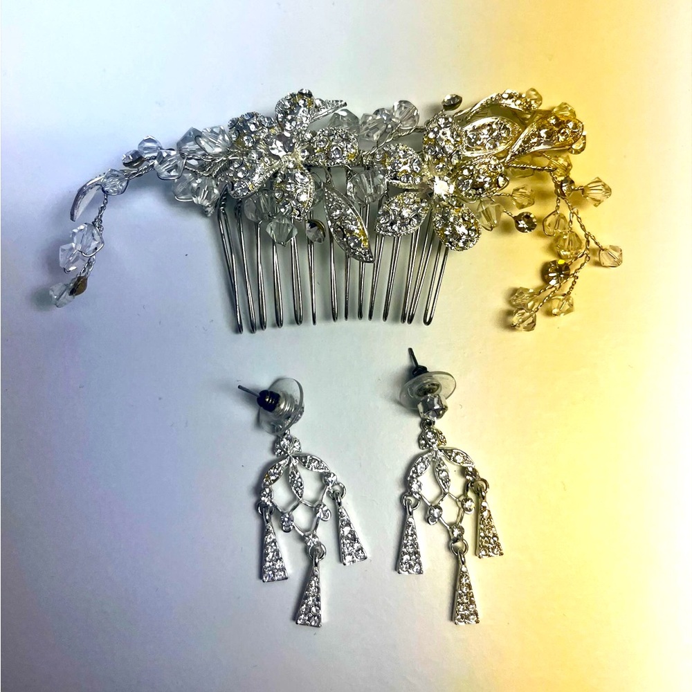 Bridal Hair Clip Comb Crystal Rhinestone Beaded Silver & matching earrings